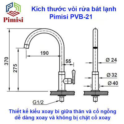 Vòi Rửa Chén Lạnh 1 Đường Nước INOX 304 Pimisi Cao Cấp Mạ Xi Cr/Ni Sáng Bóng Cổ Xoay Bi Cấp Nước Cho Chậu Rửa Bát 1-2-3 Hố Trong Nhà Bếp Gắn Chậu Âm - Dương Bàn Đá Quay 360 Tăng Áp Kiểu Đơn Cổ Ngỗng Cần Cứng - Thân - Để To | Hàng chính hãng