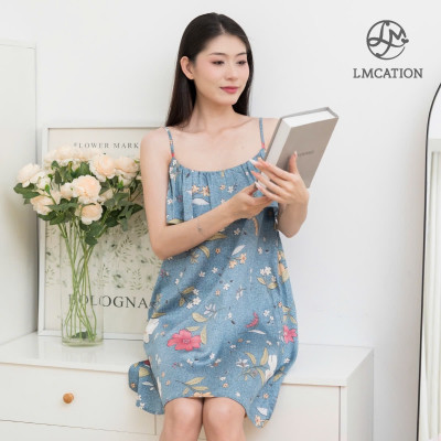 Đầm 2 dây tencel phối bèo LMcation Autumn - hoa lá xanh