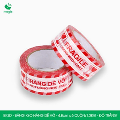 BK3D - Băng keo HÀNG DỄ VỠ màu đỏ trắng khổ 4.8 cm - Băng dính niêm phong - 3 cuộn