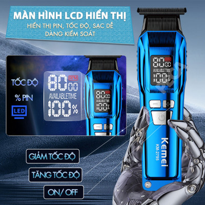 Tông đơ cắt tóc chuyên nghiệp Kemei KM-2796 lưỡi cắt mạ carbon DLC cao cấp có động cơ không chổi than màn hình LCD hiển thị công suất 10W - Tặng kèm lưỡi thay - Chính hãng
