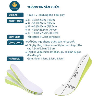 Lót giày tăng chiều cao,  tăng 1.5 cm/ 2.5cm/3.5cm chất liệu PU êm chân, thoáng khí - BuyBox - BBPK367