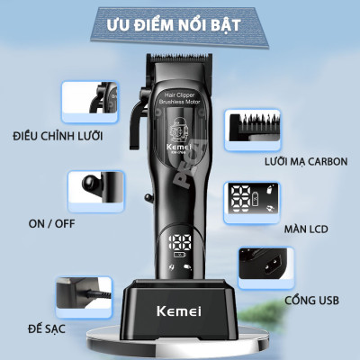 Tông đơ cắt tóc chuyên nghiệp Kemei KM-1766 lưỡi cắt mạ carbon DLC cao cấp có động cơ không chổi than màn hình LCD hiển thị công suất 5W - Chính hãng