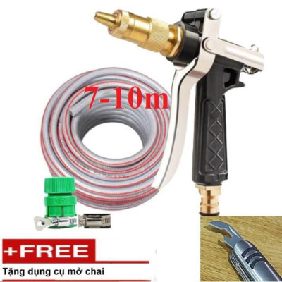  Bộ dây vòi xịt nước rửa xe, tưới cây . tăng áp 3 lần, loại 7m, 10m 206236 đầu đồng,đai+ tặng mở chai