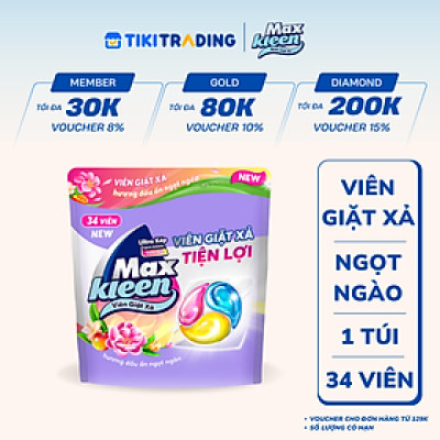Túi Viên Giặt Xả MaxKleen 2 Trong 1 Hương Dấu Ấn Ngọt Ngào (34 viên/ túi)