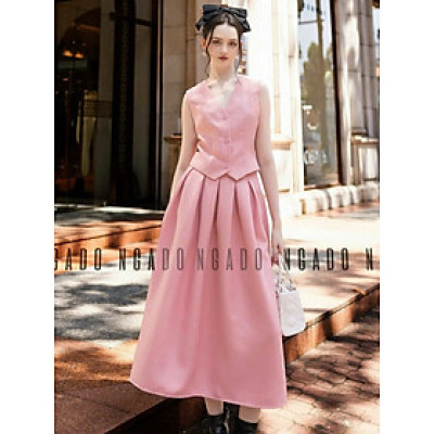 Set hồng áo gile chân váy xoè xếp ly NGADO , set áo váy xoè