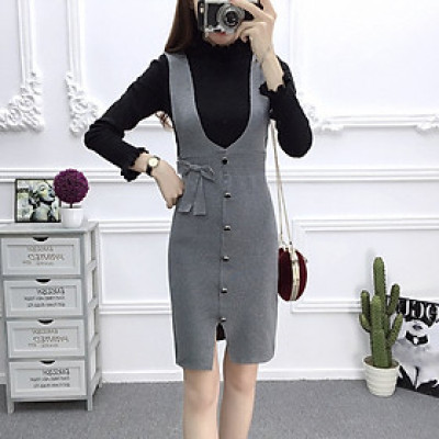 Đầm len nữ , đầm yếm ôm body phối cúc xinh xắn AL103