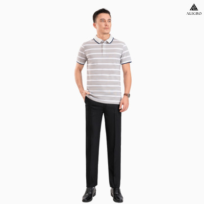 Áo Polo nam ngắn tay kẻ ngang ghi-trắng ALGPLO89