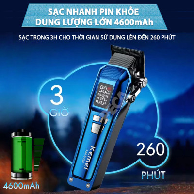 Tông đơ cắt tóc chuyên nghiệp Kemei KM-2796 lưỡi cắt mạ carbon DLC cao cấp có động cơ không chổi than màn hình LCD hiển thị công suất 10W - Tặng kèm lưỡi thay - Chính hãng