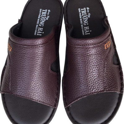 Dép nam Trường Hải quai ngang một bản màu nâu da bò thật mềm mại đê cao su chống mòn QN543