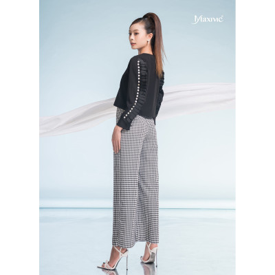 Set Áo Đen Tay Vây Cá Quần Lưng Liền Caro Trắng Đen Maxivic M-SETBO-08