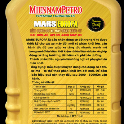 Dầu Nhớt MiennamPetro Mars Europa 4T 10W-40 API SN JASO MA2 1L Bảo Vệ Động Cơ Xe Máy 4 Thì Và Tiết Kiệm Nhiên Liệu