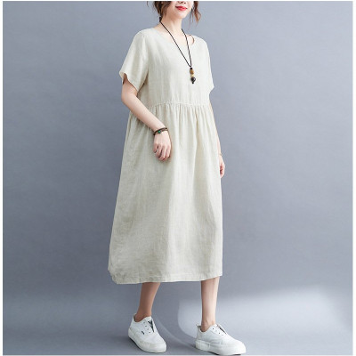 Đầm Suông Cổ Tròn Tay Cộc Dáng Dài Chất Đũi Mềm Mại Haint Boutique