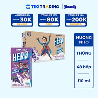 Thùng 48 hộp thức uống sữa trái cây vị kẹo nho Vinamilk Hero 110ml