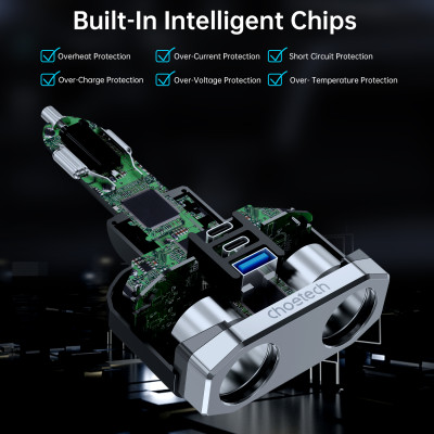 Tẩu sạc Choetech TC0020  đa năng mở rộng có 2 cổng Type C + 1 cổng Usb công suất 200w (Hàng chính hãng)