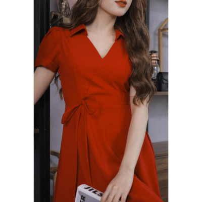 Váy Trơn Màu Đỏ Nơ Eo Cao Cấp 23V046 Pi Style