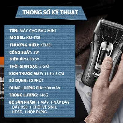 Máy cạo râu mini Kemei KM-T98 công suất mạnh mẽ 5W chống nước IPX5 - Hàng chính hãng