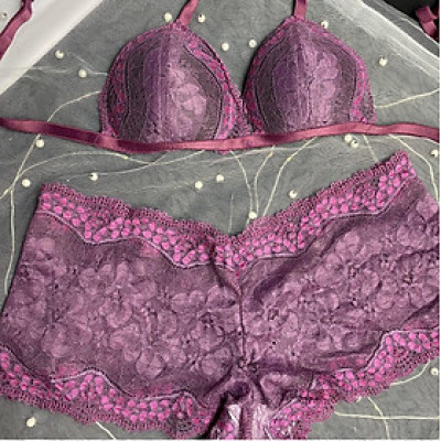 Bộ Nội Y Thiết Kế Ren Cao Cấp Hồng Tím Có Mút Quần Đùi