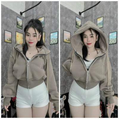 Áo khoác nỉ croptop tay dài trơn có mũ chùm đẹp hàng rất đẹp-A2029