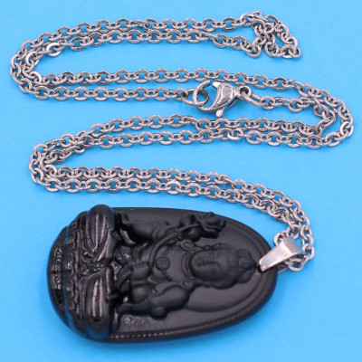 Vòng cổ phật Đại Thế Chí Bồ Tát - thạch anh đen 3.6cm DITTEB4 - dây inox bạc - tuổi Ngọ