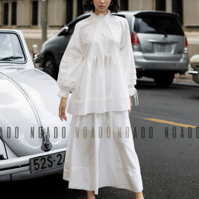 Áo babydoll trắng NGADO , Áo kiểu nữ , Áo tay phồng cột nơ