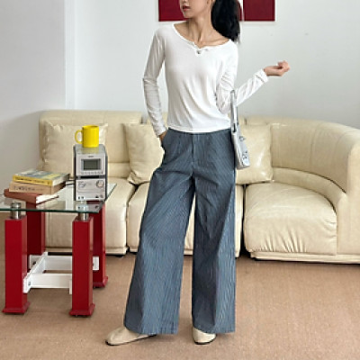 Quần dài chất liệu kaki dầy dặn dành cho nữ họa tiết sọc dọc hack dáng Stripped Miều Est.2013