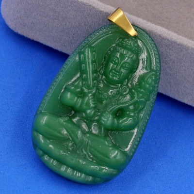 Mặt dây chuyền Hư Không Tạng thạch anh xanh 5cm - phật bản mệnh tuổi Sửu, Dần - Móc inox