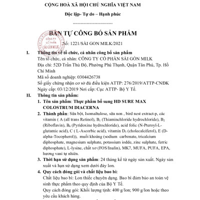 Sữa Bột HD – Sure Max – Colostrum Diacerna hỗ trợ sức khỏe cho người lớn - lon 900g