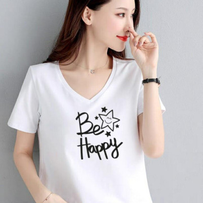 Áo thun nữ cổ tim form rộng MXM in chữ Be Happy cực dễ thương thun 4 chiều từ 45-60kg ( ANU063 )