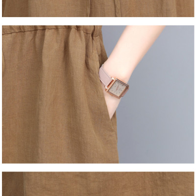 Đầm linen nữ cổ sơ mi ngắn tay kèm dây thát eo, thời trang công sở cho nữ đi làm Haint Boutique