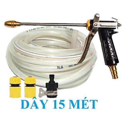 Vòi Xịt️Evoucher Bộ dây vòi xịt nước rửa xe, tưới cây , tăng áp 3 lần, loại 15m 206318 đầu đồng, cút, nối đen