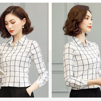 Áo sơ mi nữ công sở kẻ sọc caro thiết kế tay dài phong cách thời trang công sở Hàn Quốc Mã 11