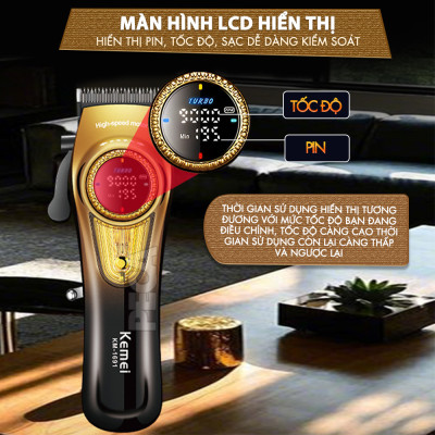 Tông đơ cắt tóc chuyên nghiệp Kemei KM-1691 lưỡi cắt mạ carbon công suất 10W điều chỉnh 40 mức tốc độ - Hàng chính hãng