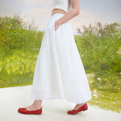 DOTTIE - Chân váy dài rút nhún phối đăng ten - Trắng - S0202