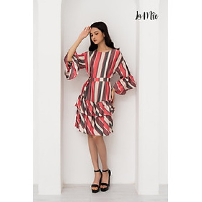 Đầm Lụa Xòe Midi Tay Loe Nhún Bèo 2 Tầng Maxivic, La Mộc - LM52101