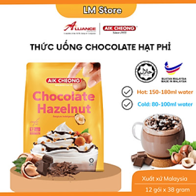 Thức Uống Chocolate Hạt Phỉ, Socola Hạt Phỉ Gói Tự Pha Aik Cheong, Nhập Khẩu Malaysia - 12 Gói x 38g