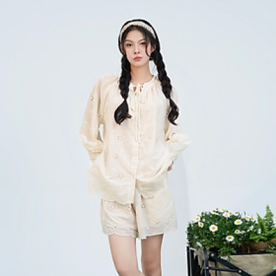 Set đồ nữ thêu hoa gồm áo dài tay kèm quần short phong cách vintage Aster Miều Est.2013