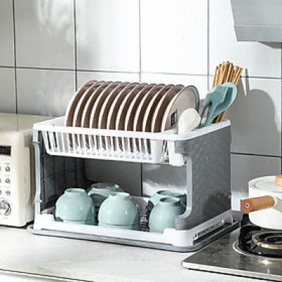 Giá để bát đĩa 2 tầng, kệ chạn úp chén đũa đa năng kèm khay hứng nước -Hàng chính hãng